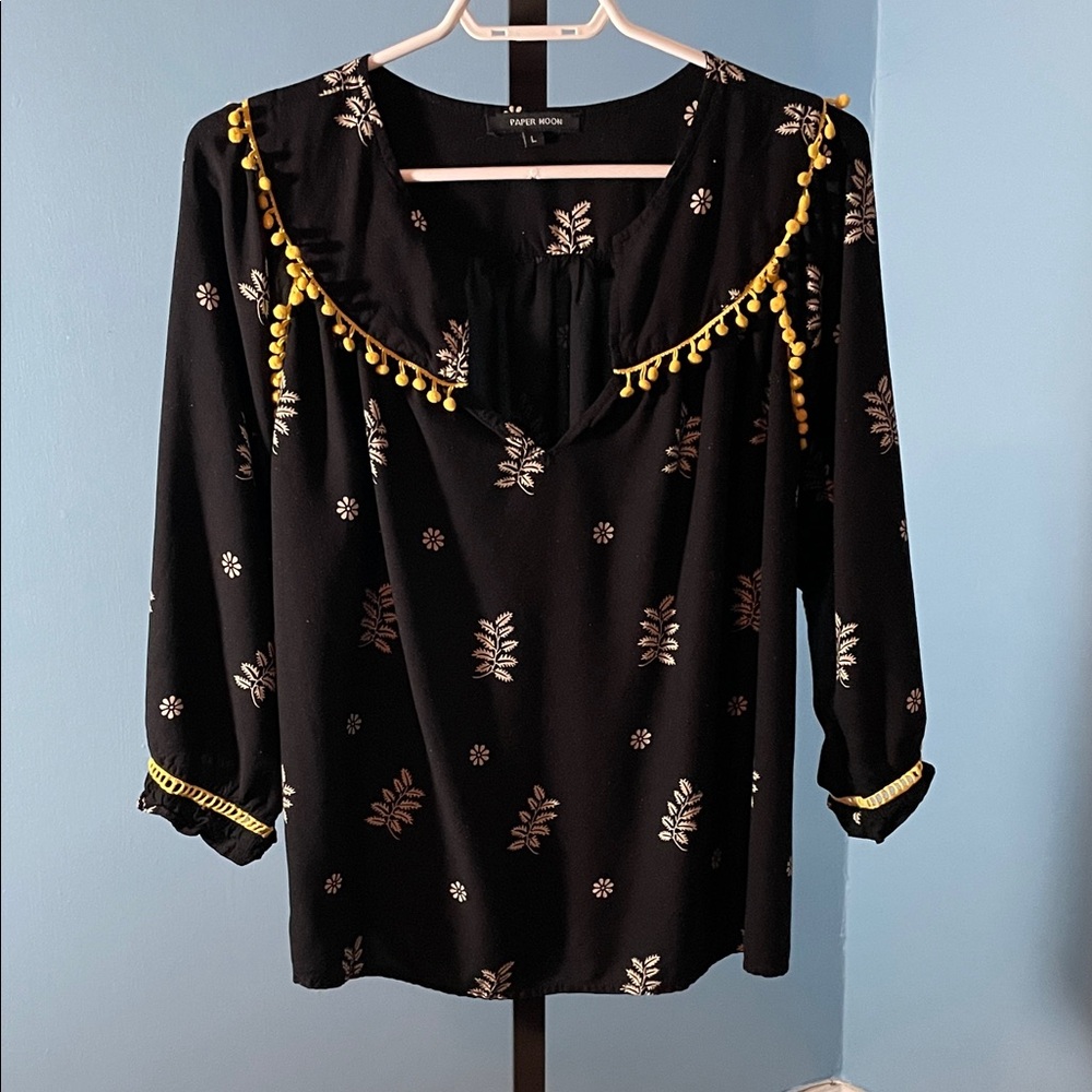 Papermoon Black Top with White Leaves Yellow Pom-Pom Trim